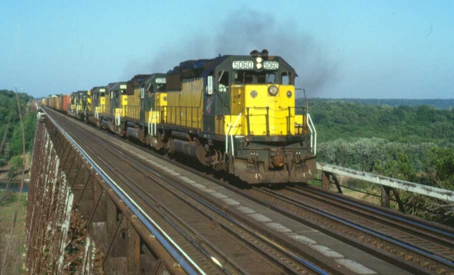 GP50  5060  Boone, IA
GP50 5060 is westbound on the high bridge west of Boone, IA.  The 5060 was built in 1980.  Jim H. Yanke photo, 5-14-87
Keywords: GP50 5060 Boone