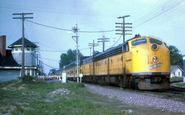 No. 216  “Flambeau 400"  Appleton Juction, WI
No. 216, the “Flambeau 400,” pulled by E8 5024B and an F7 unit, stops at the Appleton Junction depot in July of 1967.  Russ Porter photo, submitted by J. H. Yanke
Keywords: No. 216 Appleton Junction