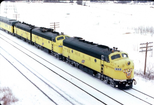Business Train  403  402  401  Camanche, IA
C&NW F7's on an eastbound Business Special at Camanche, Iowa on a snowy Feb. 13th of 1985.  Photo by R J Williams
Keywords: F7 403 402 401 Camanche