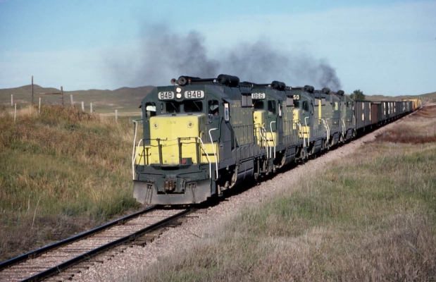 GP35  848  Gorden, NE
Five GP35's are more than enough power for this 37 car westbound PRBFA in the lonely Sand Hills region near Gorden, NE. on 9-20-85 Photo by R. J. Williams 
Keywords: GP35 858 Gorden