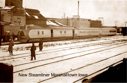 First Streamliner  Marshalltown, IA
This photo of Union Pacific's Pullman-built M-10000 was taken in Marshalltown, Iowa.  This 600 HP train toured the nation in 1934. Price collection.
Keywords: First streamliner M-10000 Marshalltown