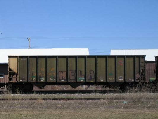 Hopper  CNW  136267  Goodview, Minnesota
CNW 136267 at Goodview, Minnesota waiting to be picked up and moved to the power plant at Rochester, Mn. by DM&E, March 2004   Photo by Dan Grossell.
Keywords: hopper