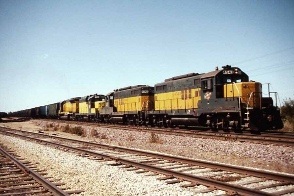 GP9  4543  Ames, IA
This photo of an eastbound grain train was taken at Ames, IA by Dick Talbott Sept. 3, 1982. The trailing units are #4546, 4511, 4911. 
Keywords: GP9  4543 Ames