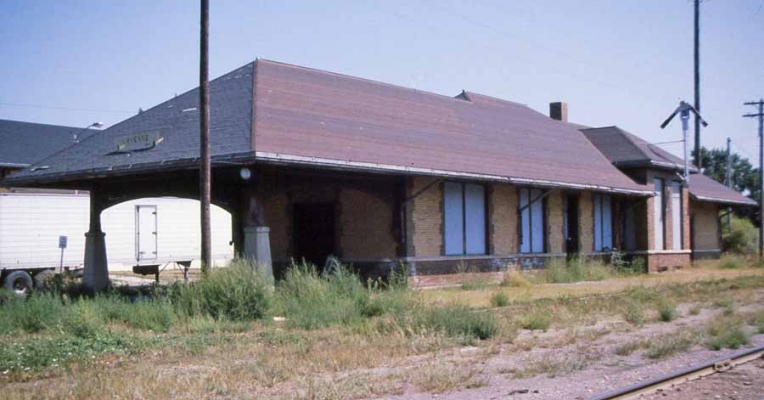 Depot  Luverne, MN
The C&NW two tone brick depot was closed prior to the photo. Note the train order boards still standing.  Dick Talbott photo 8-20-83.
Keywords: Depot Luverne, MN