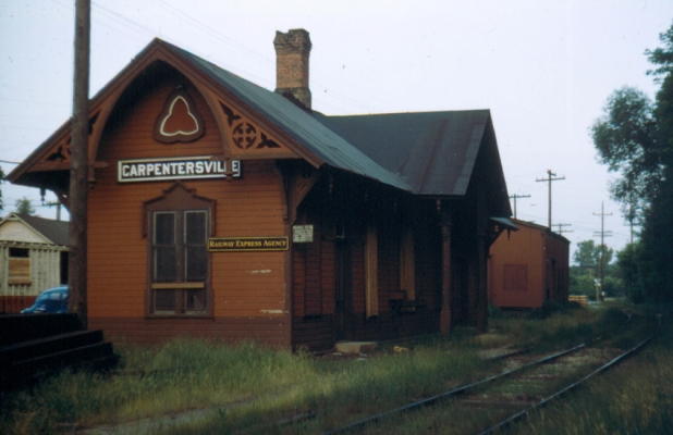 Depot  Carpentersville, IL
Boarded up and disused by 1953, the station was on the branch from Elgin to Lake Geneva and Williams Bay, Wisconsin.  Richard A. Greene photo, collection of Stuart Greene
Keywords: Depot Carpentersville IL